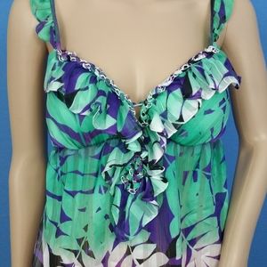 XOXO Teal Purple Tropical Island Spaghetti Strap Top with Shelf Bra Small